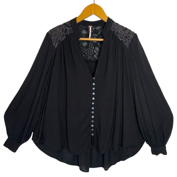 Free People Women's Canyon Rose Button Down Top Size S Black Boho Embroidered - Picture 10 of 10